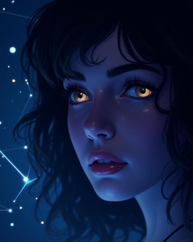 Digitalt portrett av en kvinne med surrealistiske elementer, utført av Ingrid Berg.