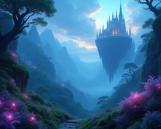 Detaljert digitalt maleri av et frodig fantasilandskap med magiske elementer, skapt av Einar Olsen.