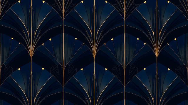 Stilisert Art Deco mønster i gull og mørkeblått, som illustrerer en workshop i Art Deco stil