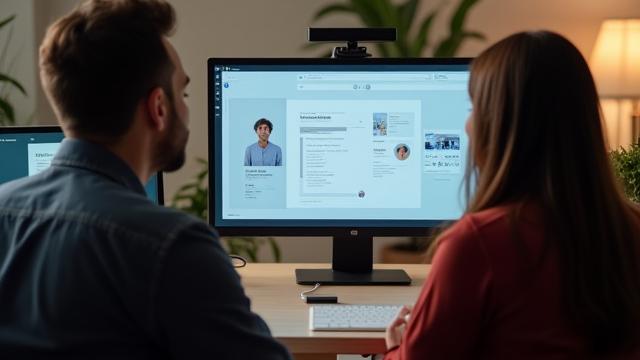 En designer og en klient har en en-til-en samtale foran en dataskjerm med designutkast, som illustrerer personlig coaching