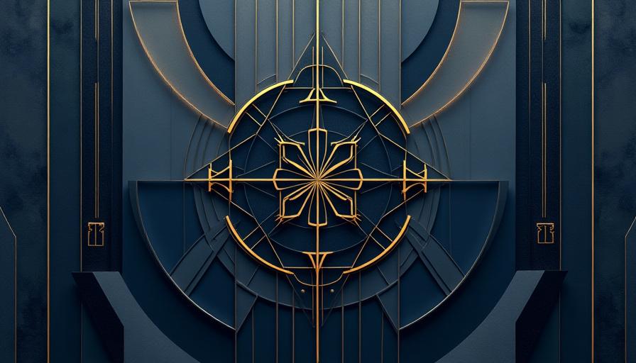 Abstrakt illustrasjon som representerer immaterielle rettigheter med geometriske Art Deco-mønstre og nordiske fargetoner fra FjordCraft.